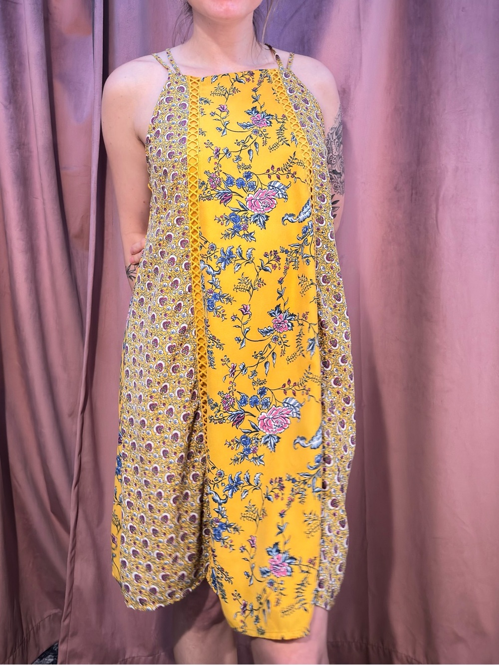 Miami Yellow Floral Boho Strappy Mini Dress Size M